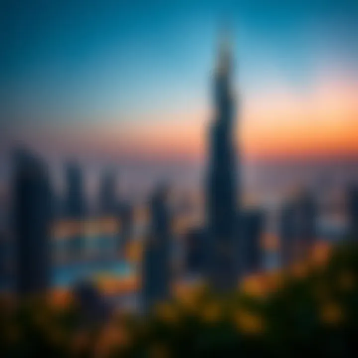 Sunset view of Al Aneeqa Tower illuminating the Dubai skyline