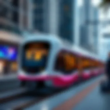 Artistic rendering of the future Etihad Rail passenger train in a vibrant urban setting.