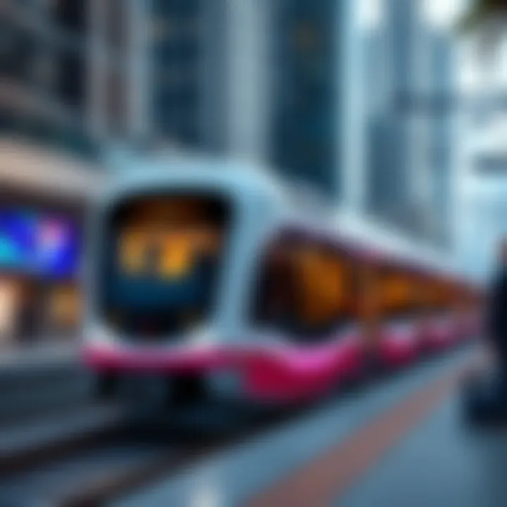 Artistic rendering of the future Etihad Rail passenger train in a vibrant urban setting.