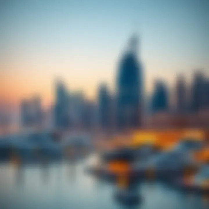 A panoramic view of the Dubai skyline featuring the Marina Plaza Building