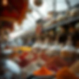 A vibrant spice market filled with colorful spices and traditional jars