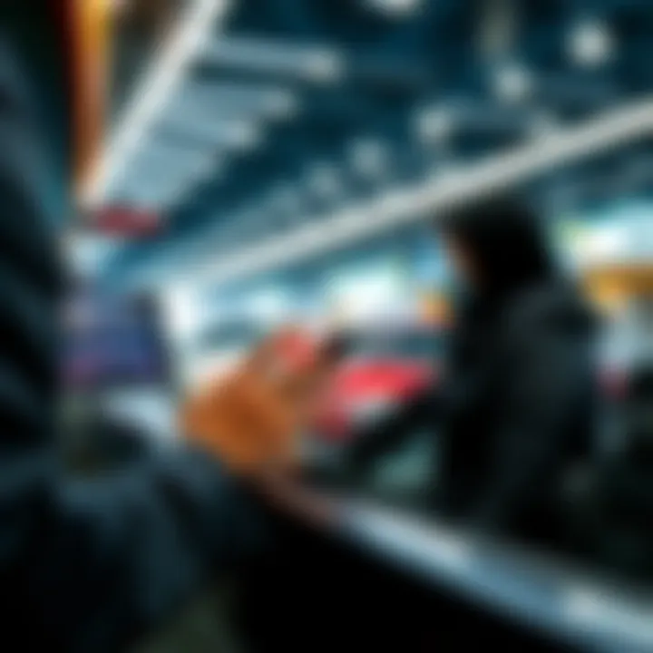 A close-up of a customer interacting with technology at Tasjeel Motor City