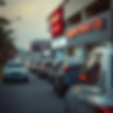 A queue of vehicles outside Tasjeel Motor City representing high customer volume