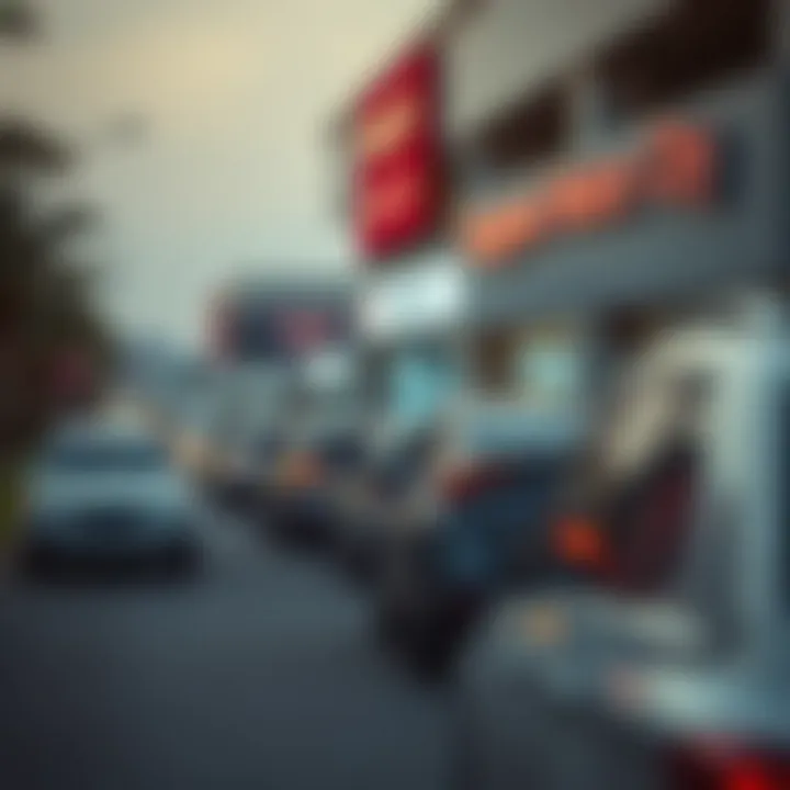 A queue of vehicles outside Tasjeel Motor City representing high customer volume